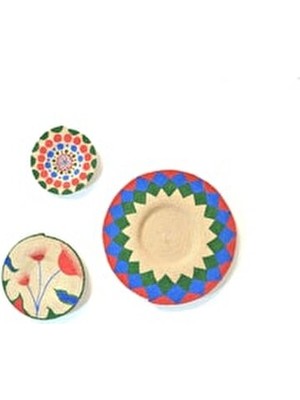Rustikevdecorart Flower 3'lü Tires Dikişli Hasır Duvar Tabak Seti