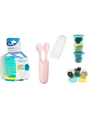 MYCey 3'lü Saklama Kabı ve Kutulu Çatal Kaşık Seti Pembe Beslenme Seti Ergonomik Tasarımlı