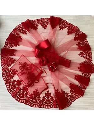 Nuksoc Kırmızı Gelin Duvağı Flok Sim Işlemeli Gelin Duvağı Kına Örtüsü 2 Adet El Gülü