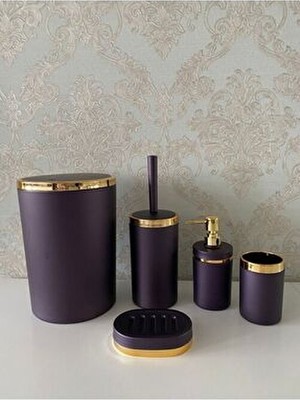 5 Parça Mor Gold Mat Banyo Seti / Wc Fırçalık, Sıvı - Katı Sabunluk, Çöp Kovası, Diş Fırçalık