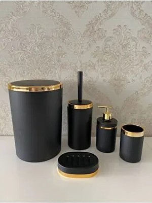 5 Parça Siyah Gold Mat Banyo Seti / Wc Fırçalık, Sıvı - Katı Sabunluk, Çöp Kovası, Diş Fırçalık