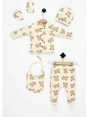 Hastane Çıkışı 100% Pamuk Kahve Ayıcık  Baskılı Yenidoğan 5li Set Bebek Kıyafeti