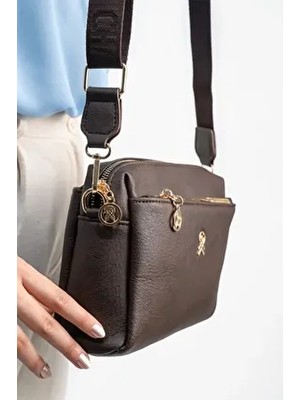 Kadın Acı Kahve 3 Bölmeli Astarlı Ayarlanabilir Kolon Askılı Çapraz Omuz Çantası