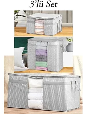 3'lü Pencereli Set Yorgan, Yastık, Nevresim, Kıyafet Düzenleyici Hurç Seti - Gri Benekli