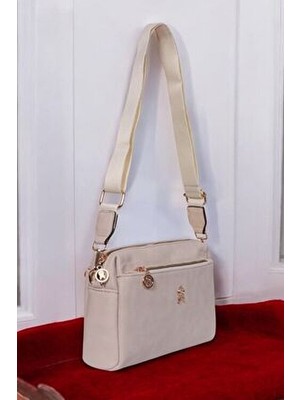 Kadın Krem 3 Bölmeli Astarlı Ayarlanabilir Kolon Askılı Çapraz Omuz Çantası