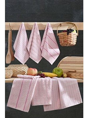 Casnack Seher 30x50 cm Pembe Çizgili Pamuk Mutfak ve El&Yüz Havlu Seti 6 Parça