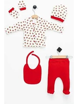 Hastane Çıkışı 100% Pamuk Çilek Baskılı Yenidoğan 5li Set Bebek Kıyafeti