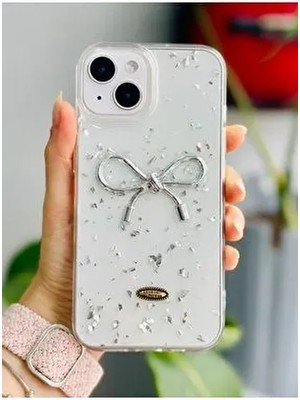 Apple Iphone 13 - 14 - 15 Uyumlu Şeffaf Simli Kurdele Epoksili Telefon Kılıfı