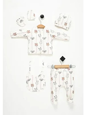 NEU KIDS Hastane Çıkışı 100% Pamuk Çizgili Tavşan Baskılı Yenidoğan 5li Set Bebek Kıyafeti