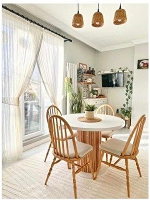 4 Kişilik Yuvarlak Yemek Masası- 36MM Mdf Tabla, Kayın Cilalı Ayak, Bohem Stil, Garantili