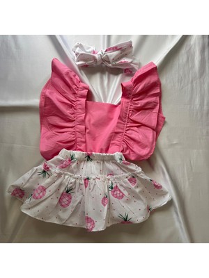 Kız Bebek Pembe Ananas Desen Salopet Bandana Set