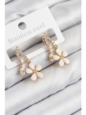 Pirinç Zirkon Taşlı Papatya Model Gold Renk Kadın Küpe