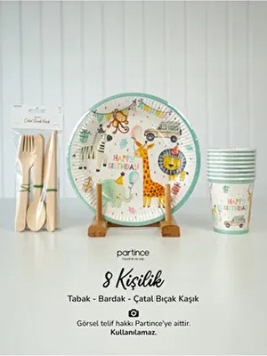 8 Kişilik Safari Tabak Happy Birthday Kullan At Karton Tabak-Bardak-Çatal Kaşık Bıçak Parti Seti