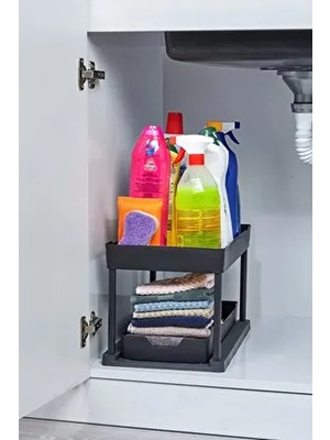 2 Katlı Siyah Düzenleyici Sürgülü Mutfak Rafı Banyo Rafı, Dolap Tezgah Altı Evye Altı Deterjanlık