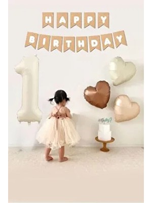Atölye Mi Retro Krem 1 Yaş Balon Seti 34" Folyo Balon 3 Kalp Balon 1 Adet Kraft Banner