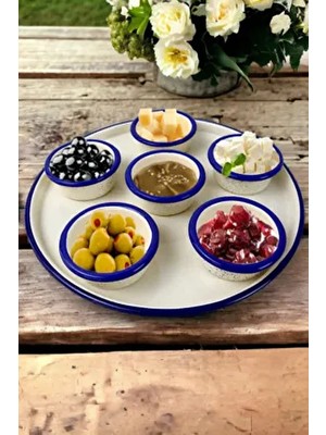 İnci Emaye 7 Parça Orta Boy Krem Emaye Kahvaltı Seti, Sunum, Kahvaltı Tabağı, Reçellik, Zeytin, Peynir Tabağı,
