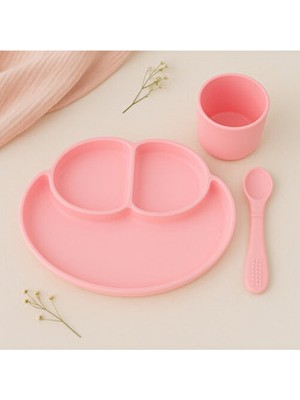 3'lü Silikon Beslenme Seti - Silikon Vakumlu Mama Tabağı, Diş Kaşıyıcı Kaşık ve Bardak Pembe
