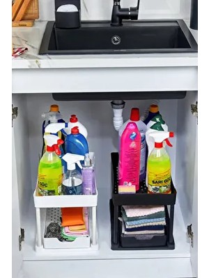 Beyaz Siyah Ikili 2 Katlı Sürgülü Çekmece Mutfak Rafı