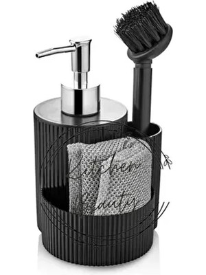 Kitchen Beauty Siyah Tezgah Üstü Mutfak Banyo Sıvı Sabunluk Takımı Plastik Süngerli Fırçalı