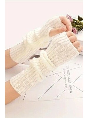 Moibody %100 Akrilik Premium Triko Örgü Kolluk Eldiven Kadın Ekru Renk Şık Tasarım El Isıtıcı