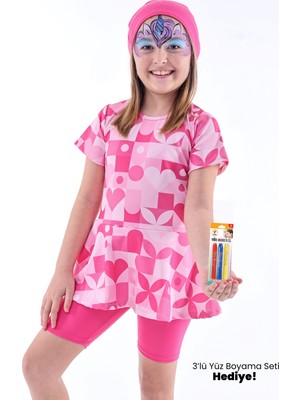Kalp Desenli Pembe Kız Çocuk Boneli Mayo Takımı
