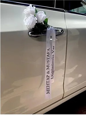 Nuksoc Gelin Arabası Süsü Beyaz Renkli İsimli Kurdele ile Kişiye Özel Düğün Konvoy Süsü