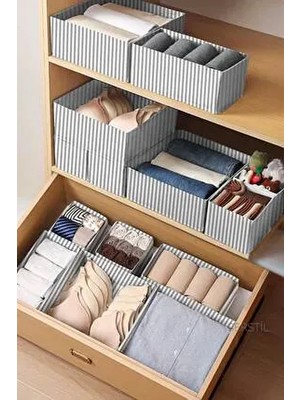 6'lı Çekmece Dolap Içi Düzenleyici Kutu Set - Gri Çizgili