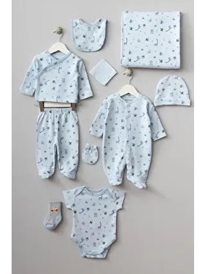 10'lu Erkek Bebek Hastane Çıkışı Yenidoğan Seti - Kutulu Zıbın Seti - Mavi Safari Desenli