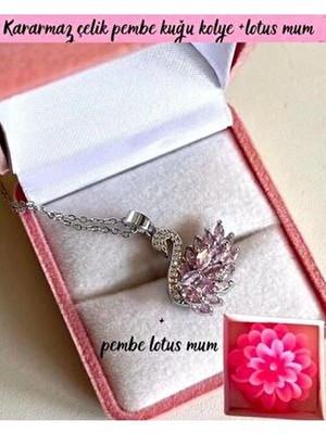 Kararmaz Çelik Pembe Zirkon Taş Pembe Kuğu Kolye ve Pembe Lotus Mum Özel Hediye Sepeti