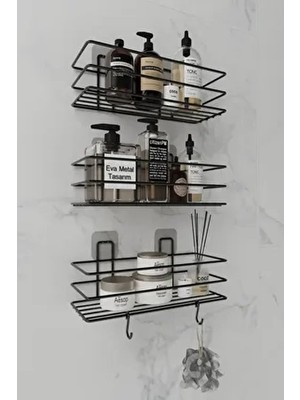 3'lü Set Yapışkanlı 2 Kancalı Paslanmaz Banyo Rafı Mat Siyah Banyo Şampuanlık Duşakabin Duş Askısı