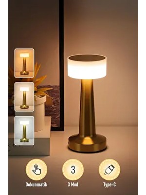 Gold Renk Metal Şarjlı LED Masa Lambası Dokunmatik 3 Işık Modlu Gece Aydınlatması