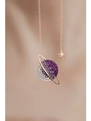 Bilsen Store 925 Ayar Gümüş Zincirli Rose Kaplama Kızıl Renk Geçişli Gezegen Gümüş Kolye