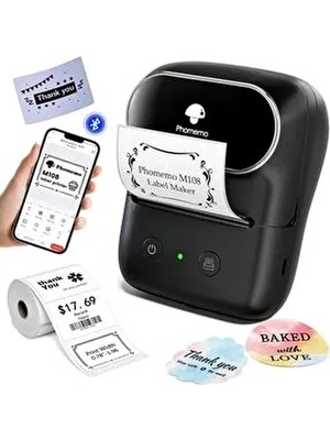 M108 Etiket Yazıcısı Siyah, (20-50MM) Kablosuz Taşınabilir Bluetooth, USB Şarjlı, Android, Ios ve Pc