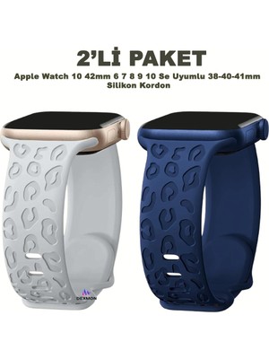 Apple Watch 10 42MM – 6 7 8 9 10 Se Uyumlu 38-40-41MM Leopar Desenli 2'li Silikon Kordon Seti