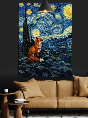 Yıldızlı Gece ve Tilki Dekoratif Kanvas - Mdf Ahşap Tablo