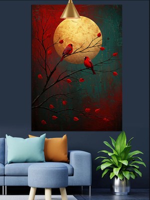 Ay ve Kırmızı Kuşlar Dekoratif Kanvas - Mdf Ahşap Tablo