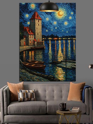 Yıldızlı Gece Manzarası Dekoratif Kanvas - Mdf Ahşap Tablo