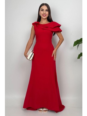 Delvira Drapeli Tek Omuz Çiçek Detaylı Uzun Kırmızı Abiye Elbise