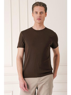 Slim Fit Bisiklet Yaka Düz Pamuklu Kahverengi Tişört Ts 823