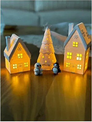 Kar Taneli 3lü Kış Evleri - 2 Noel Evi 1 Çam Ağacı-  Dekoratif Ev - Yılbaşı Süsleri - Hediyeli