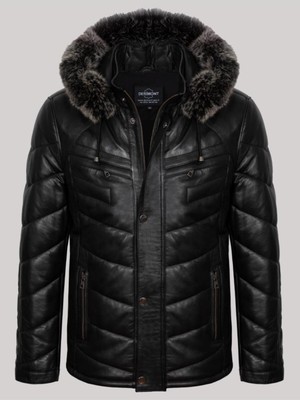 Hakiki Deri Yakası Kürklü Siyah Düz Çizgi Detaylı Dört Cepli Şişme Erkek Deri Mont