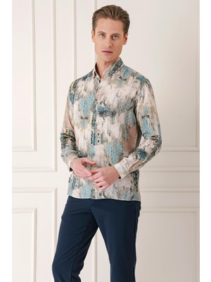 Comfort Fit Düğmeli Yaka Batik Desenli Pamuk Mint Gömlek G 1566