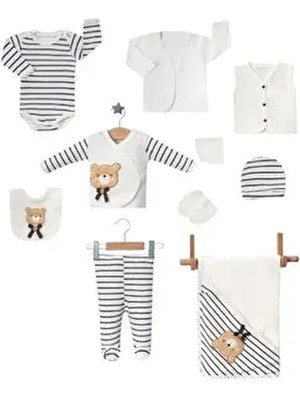 10.lu Sevimli Ayıcıklı Çizgili Bebek Hastane Çıkış Seti / Yenidoğan Bebek Kıyafeti