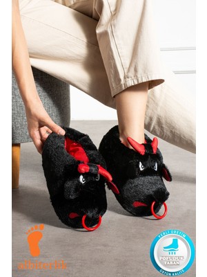 Albishoes Unisex Kızgın Boğa Figürlü Sessiz Yumuşak Taban Sıcak Ev Botu Peluş Ev Ayakkabısı Panduf