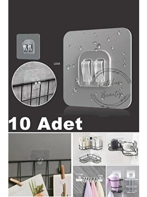 Kitchen Beauty 10 Adet Süper Güçlü Kendinden Yapışkanlı Şeffaf Raf Çerçeve Tutucu Kanca Askı