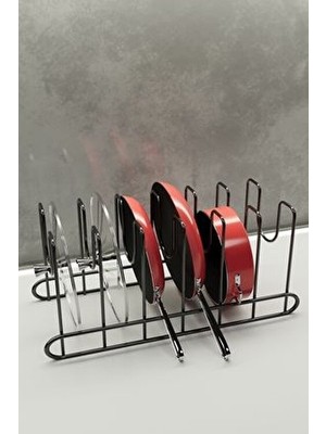 Metal Siyah Renk Tava ve Tencere Kapağı Düzenleyici Raf Mutfak Dolabı Tel Tencere Tava Organizeri