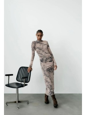 Allbucks Zara, Drapeli Uzun Kollu Maksi Uzun Astarlı Tül Elbise ABZRA0012