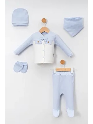 NEU KIDS Papyonlu Mavi-Bej Yenidoğan Kıyafetleri 5li Hastane Çıkışı Zıbın Seti Erkek Temalı