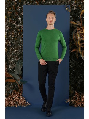 Efor Erkek Slim Fit Ribanalı Düz Yeşil Yünlü Bisiklet Yaka Triko Kazak TR 858