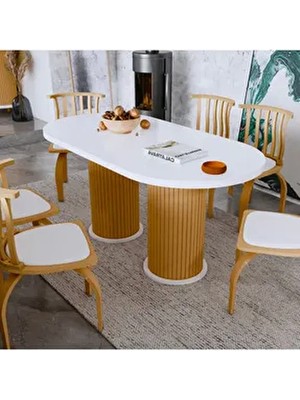Weltwood 6 Kişilik Oval Yemek Masası | 36MM Çift Kat Mdf Tabla, Beyaz Renk, Kayın Ahşap Ayaklı Masa